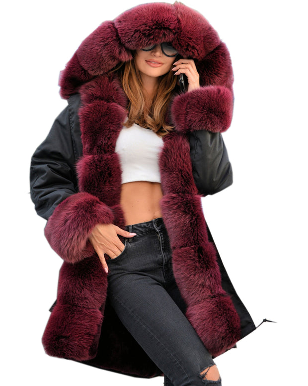 mountainviewsimmentals Women's Thicken Warm Luxury Casual Winter Wine Faux Fur Hooded Plus Size Parka Jacket Coat EU Size 36 38 40 42 44 46 48 50