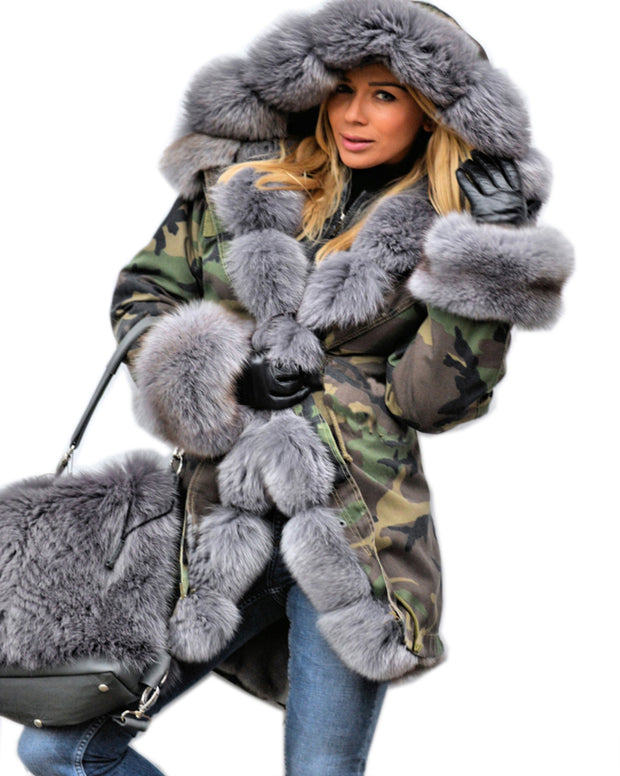 mountainviewsimmentals Thickened Grey Warm Loose  Camouflage Faux Fur Casual Parka Hood Women Hooded Long Winter Jacket Overcoat EU Size 36-50