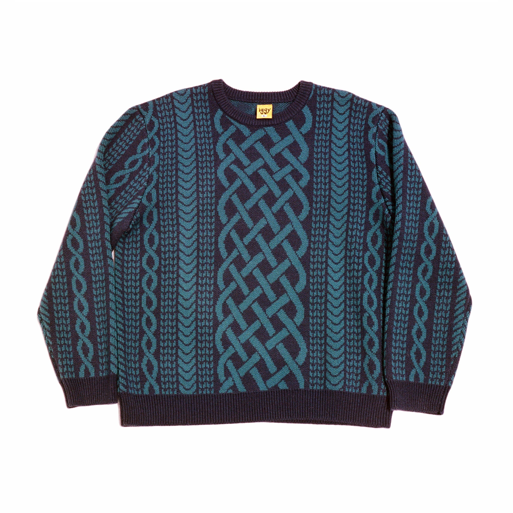 August – Iggy NYC Drawn Cable Knit Jacquard Sweater (Navy)