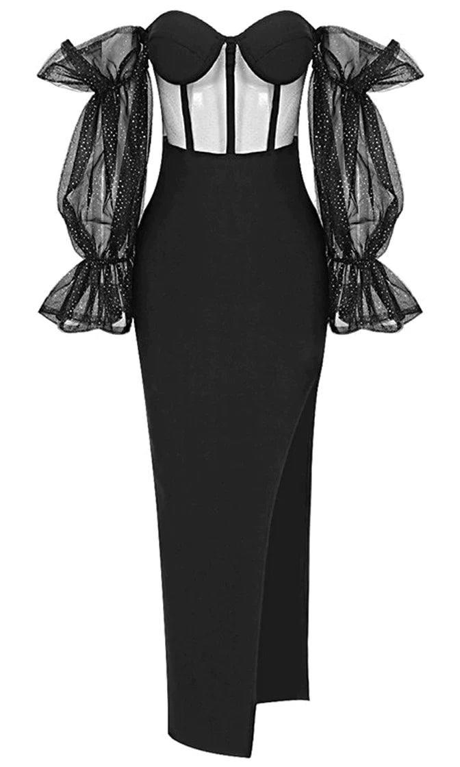 Touch Of Fantasy Black Sheer Mesh Bandage Long Puff Sleeve Off The Shoulder Bustier Cut Out Side 