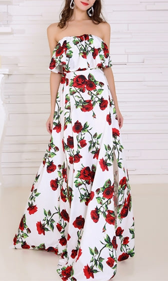 long white dress with red roses