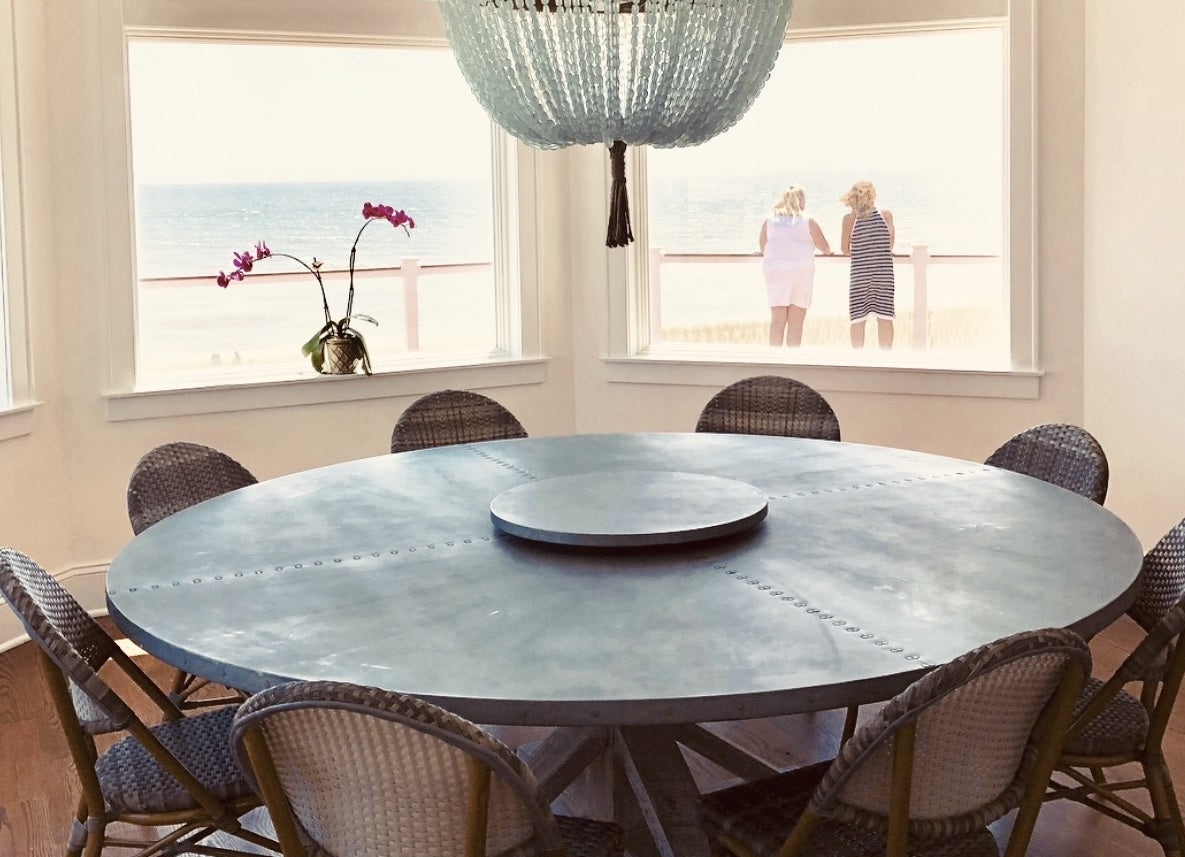Zinc Round Tables | French Trestle Table | CLASSIC | Natural Reclaimed Oak | CUSTOM SIZE D 54 H 30 | 1.5" Standard | Edge Profile : Single Row of Rivets kingston-krafts-zinc-tables.