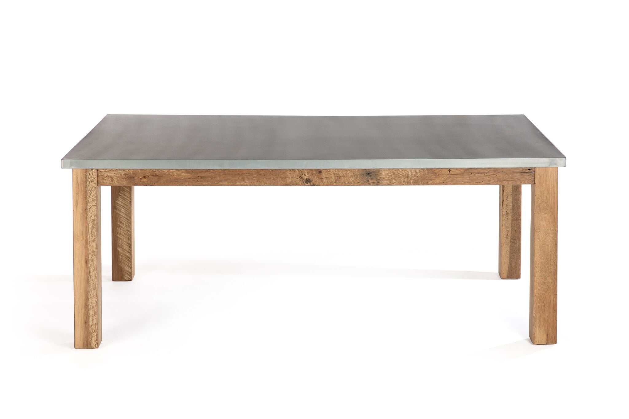 Zinc Rectangular Table | Parsons Zinc Table | CLASSIC | Weathered Grey on Reclaimed Oak | 72"L 37"W 30"H | 1.5" Standard | Edge Profile : Plain, No Rivets kingston-krafts-zinc-tables.