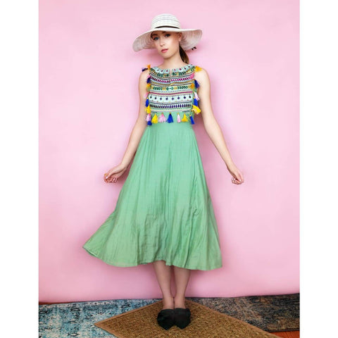 Green silk midi dress Resort wear for women