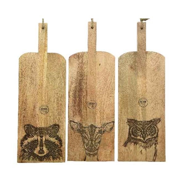Mango Wood Chopping Board with Woodland Animal Carving