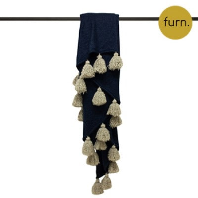 Navy Blue and Natural Large Tassel Throw