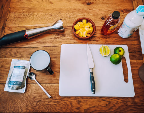 Ingredients for Iced Coconut Mango Ginger Chai tea mocktail