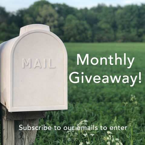 A white mailbox reading MAIL on the door against a green field in the background. Text reads: Monthly Giveaway! Subscribe to our emails to enter.