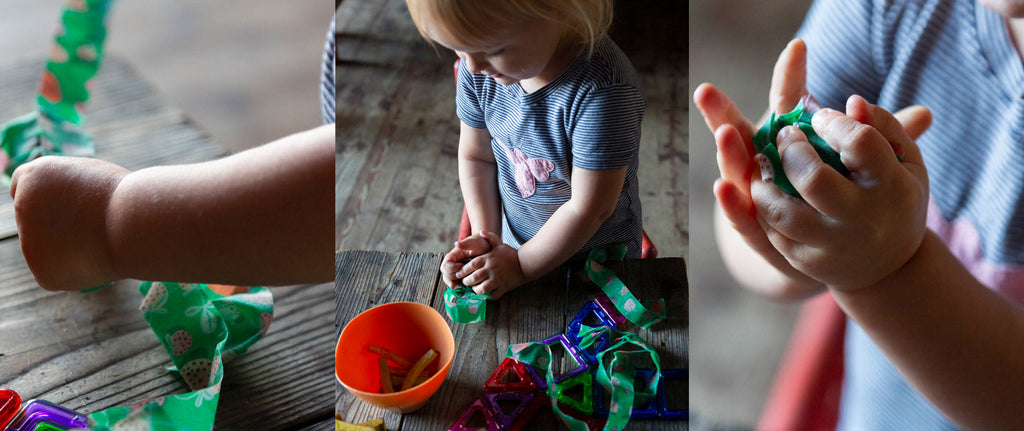 A series of 3 images of baby hands smushing strips of Z Wraps into a ball to make firestarter