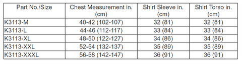 K3113 WELDING SHIRT SIZE CHART