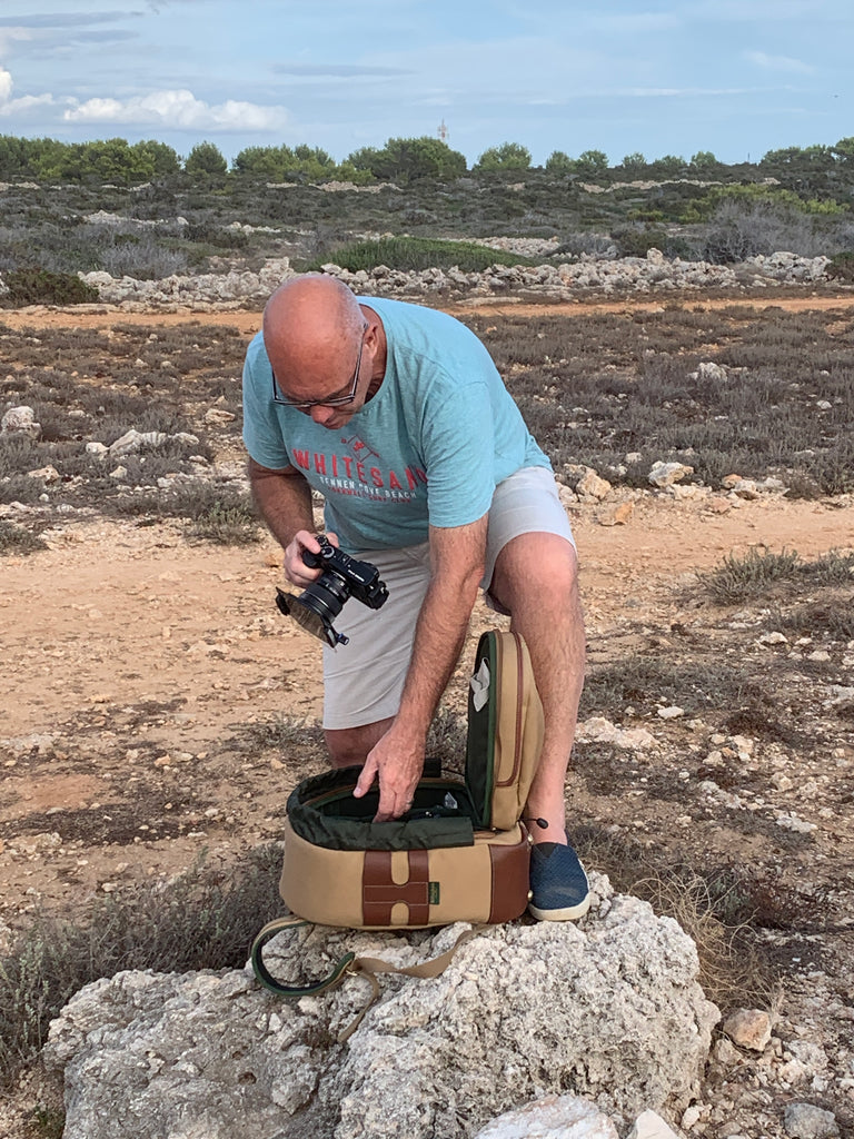 Mark in Menorca, Spain, with his Billingham Rucksack 25