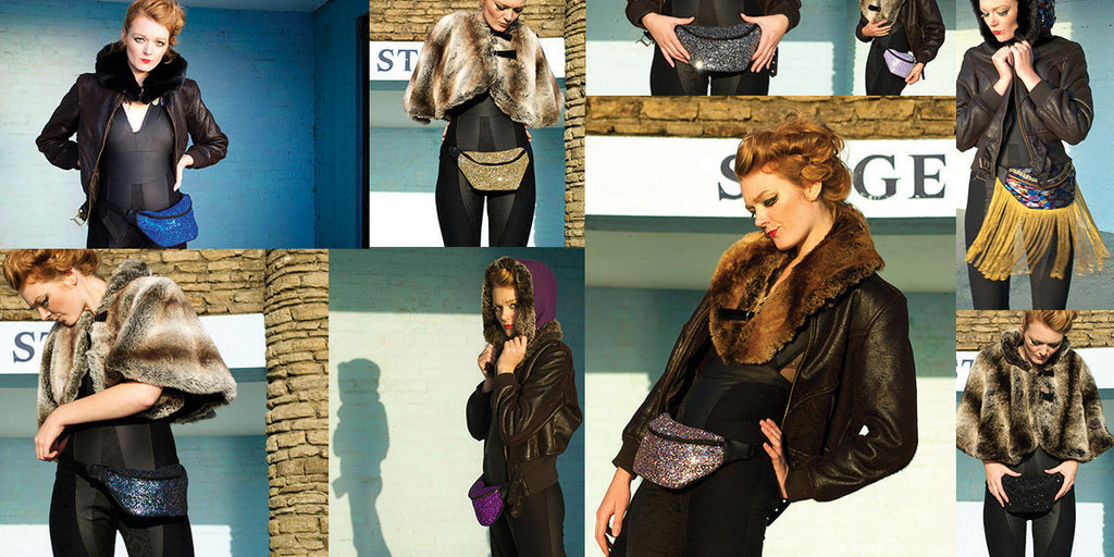 Collage of model wearing glitter fanny packs and luxury fur hoods - Beksies Boutique Autumn Winter 2014