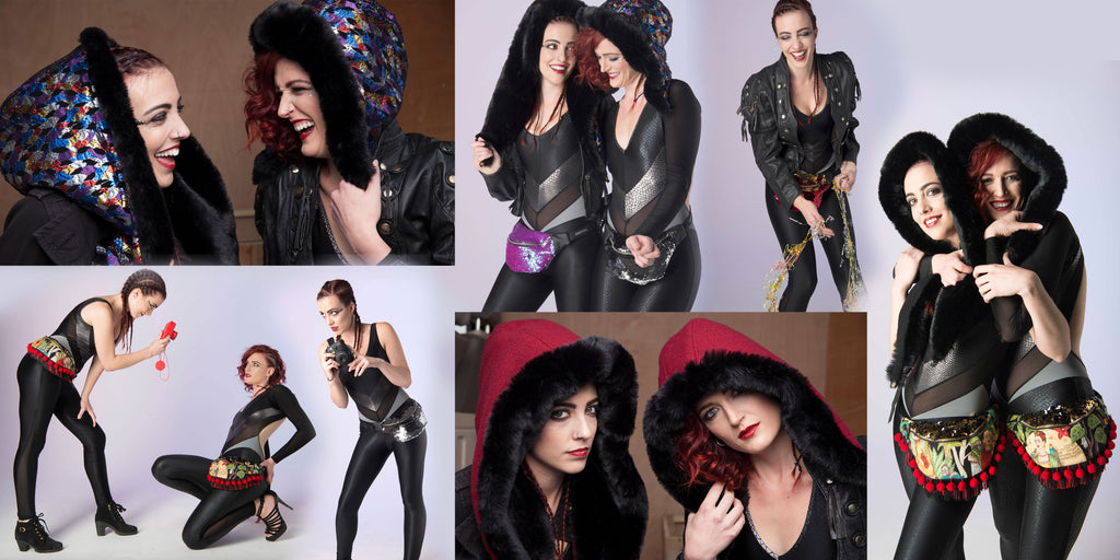 Collage of a pair of models in black jumpsuits, wearing hoods and designer bum bag fannypacks - Beksies Boutique Autumn Winter 2016