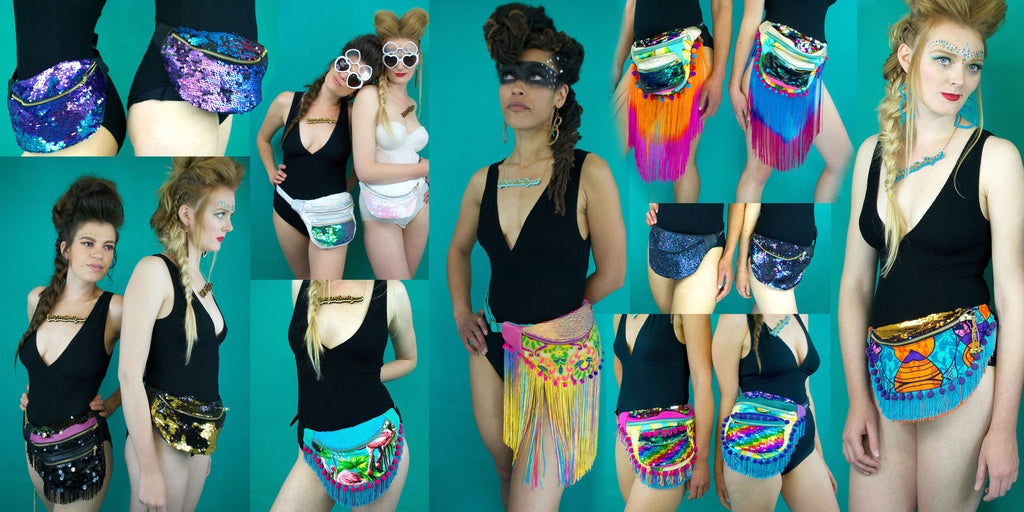 Collage of a pair of models wearing esigner bumbags fanny packs, some decordated with tassels - Beksies Boutique Spring Summer 2016