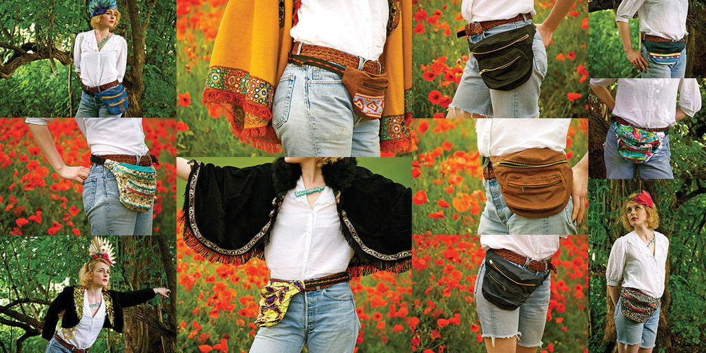 Collage of a model in a poppyfield, wearing fannypacks and headdresses - Spring Summer 2013 Bumbags fannypacks