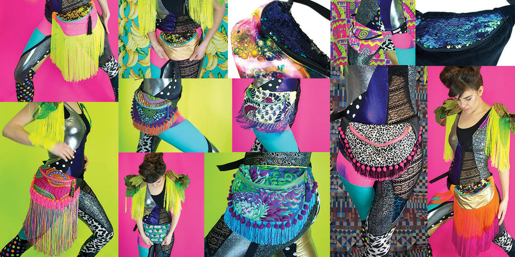 Photocollage of neon coloured designer bumbags fanny packs, some decordated with tassels and glitter - Beksies Boutique Spring Summer 2015