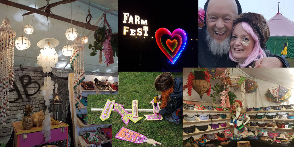 Collage showing beksies boutique festival shop, showing off bumbags on display, sign making and people smiling.