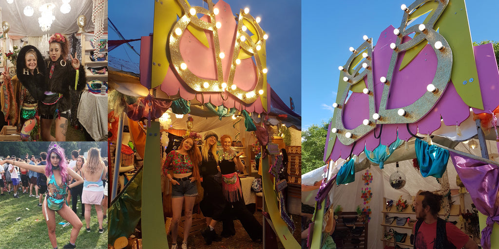 Collage showing beksies boutique festival shop, showing off bumbags on display, sign making and people smiling.