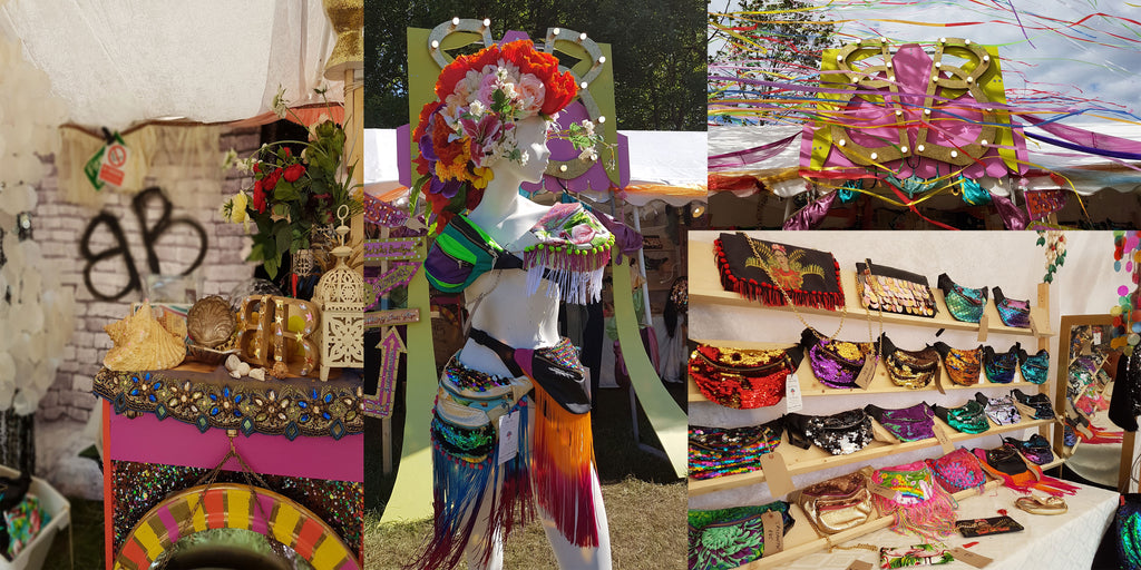 
Collage showing beksies boutique festival shop, showing off bumbags on display.