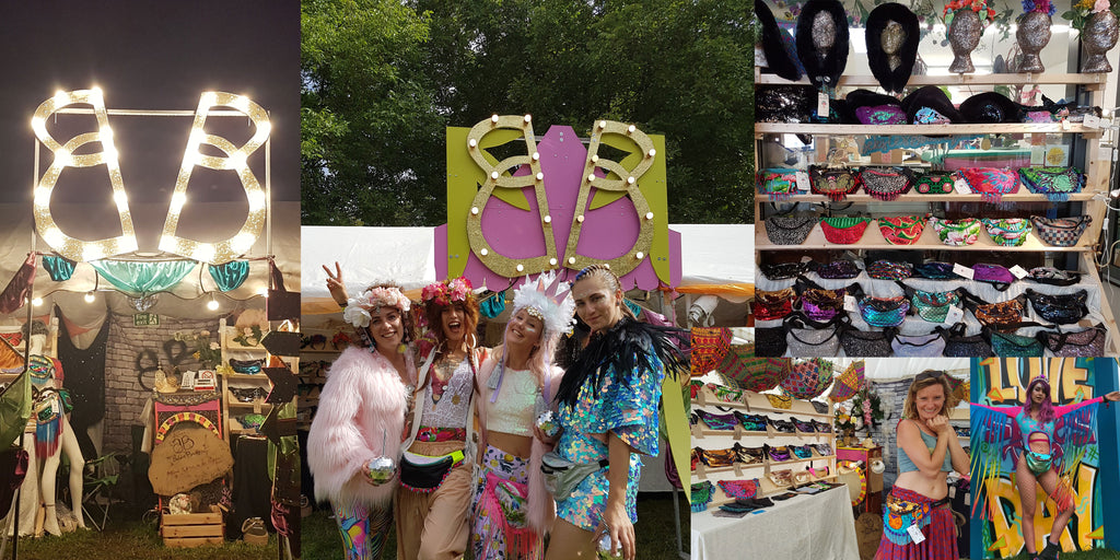 Collage showing beksies boutique festival shop, a shelf full of bum bags and people dressed in outlandish outfits.