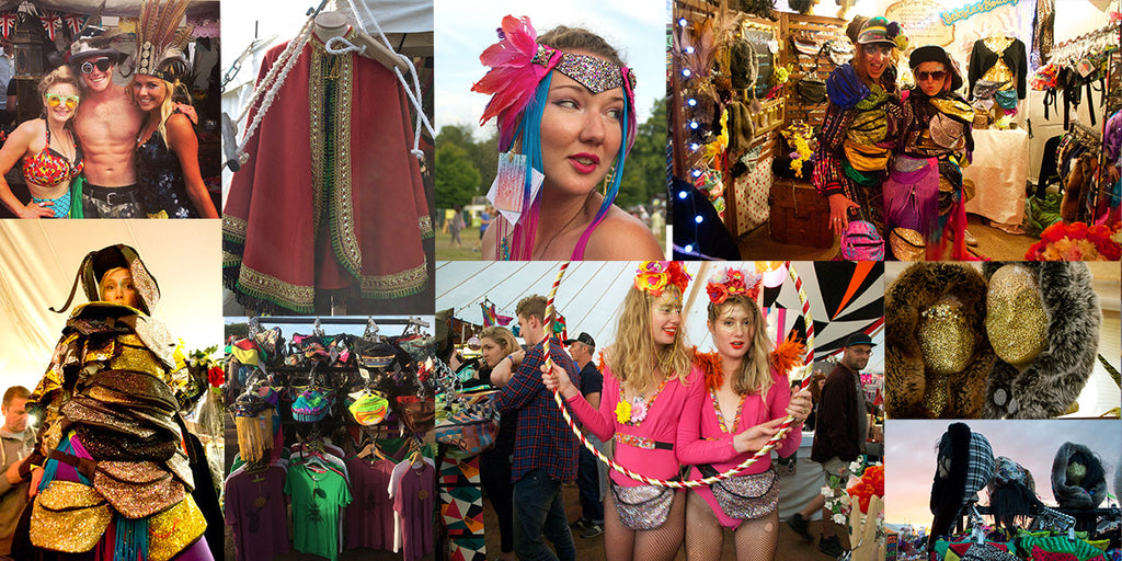 
Collage showing beksies boutique festival shop, a huge pile of bum bags, people dressed in bright colours wearing bum bags and fanny packs.