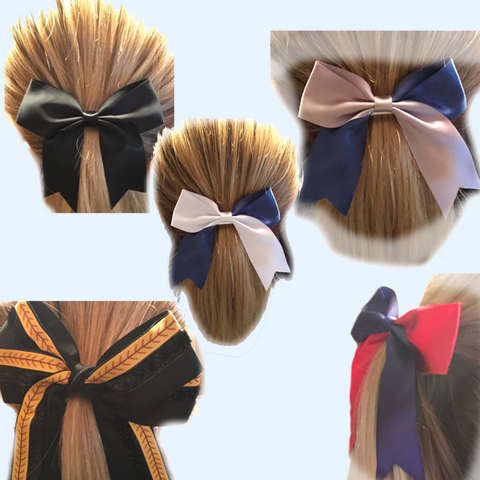 Boutique style hair bow in black, blue and grey, blue and white, black and yellow with softball seam look, and blue and red