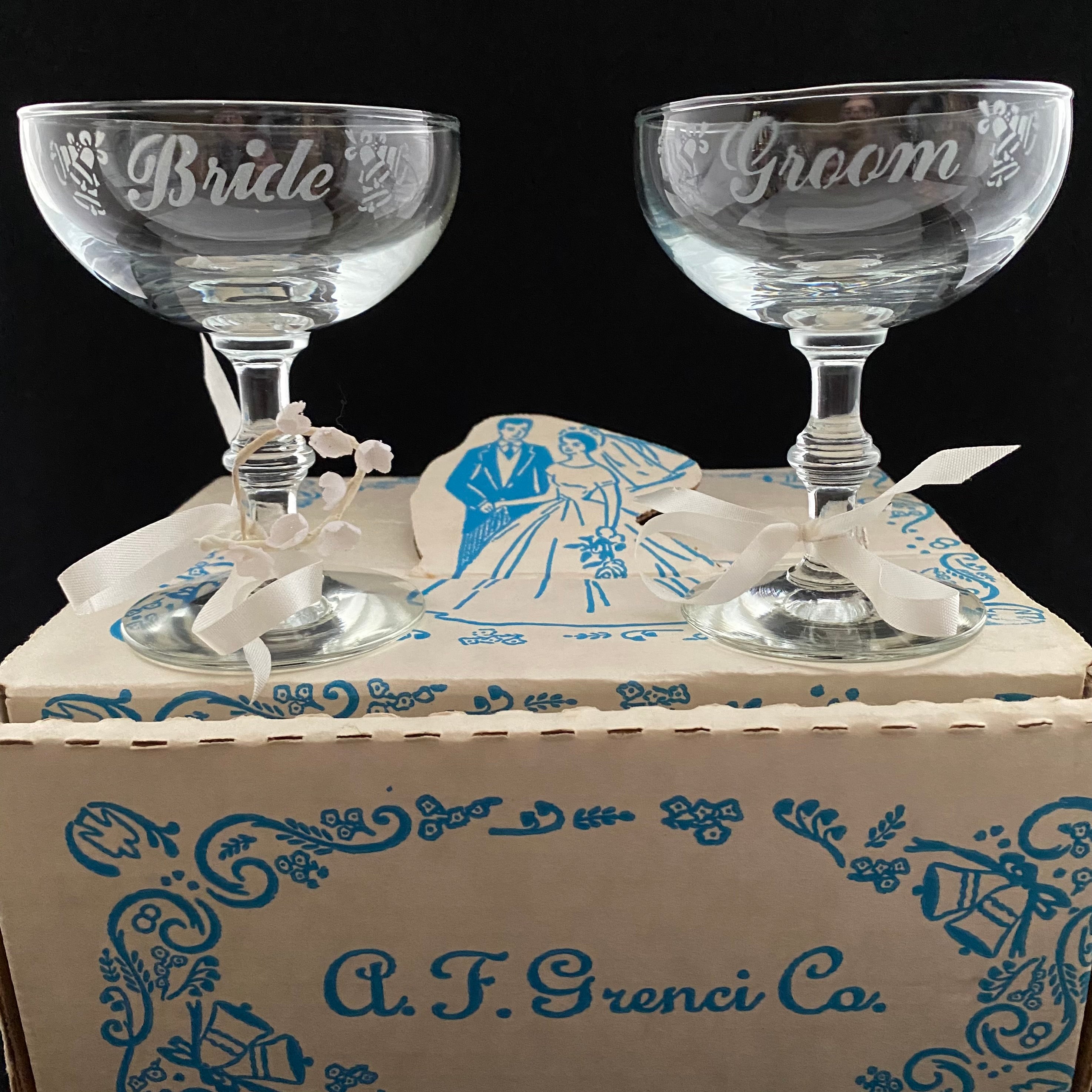 Bride and Groom Coupe Glasses Coupe Champagne Glasses Vintage Bride and Groom Champagne Glasses 1950's