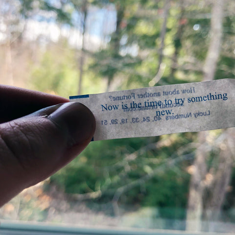 Fortune cookie reading: 'Now is the time to try something new'.