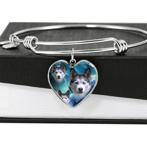 Siberian Husky Print Luxury Heart Charm Bangle-Free Shipping