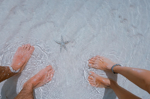Close up of two people feet as they stand in the sea