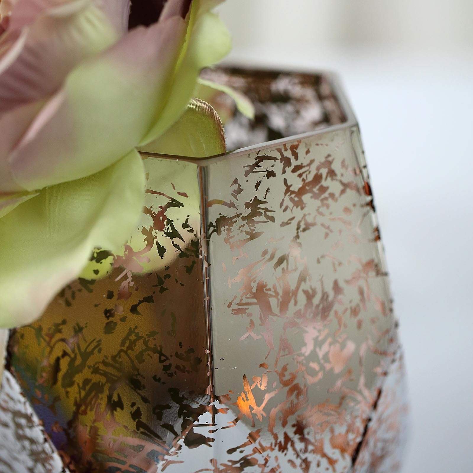 2 pcs 8 in tall Silver with Rose Gold Geometric Mercury Glass Candle Holders Vases Centerpieces