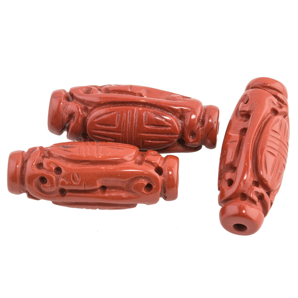 One Vintage Carved Chinese Natural Red Jasper Bead Double Shou Design 12mm Round 