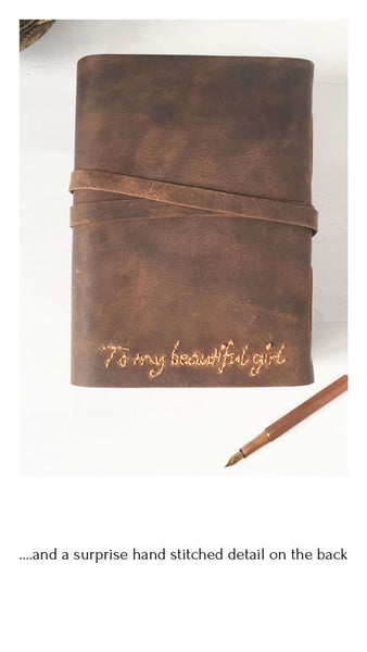 Custom leather journal with hand stitched words