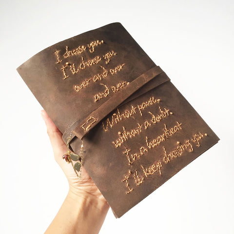 Custom leather journal gift with hand stitched poem