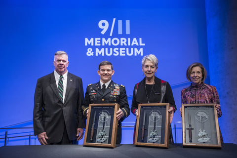 Lt. Gen. John F. Mulholland, Jr. presents September 11 Memorial V-42s to Colonel Lewis Powers, Commander of the U.S. Army’s 5th Special Forces Group; Toni Hiley, Director of the CIA Museum; and Alice Greenwald, President and CEO of the National September 11 Memorial & Museum. The commemorative knives were crafted by W.R. Case & Sons Cutlery Co. with donated steel recovered from the World Trade Center.