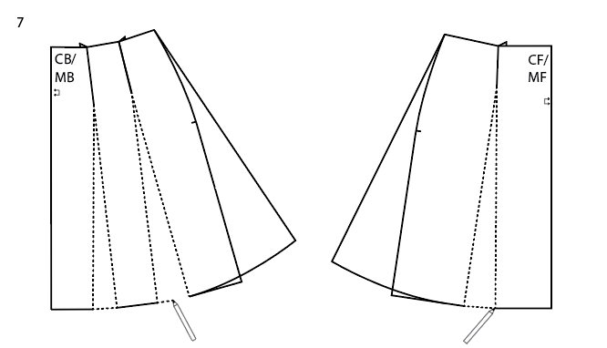 Drawing the bottom hem of an A-line skirt pattern.