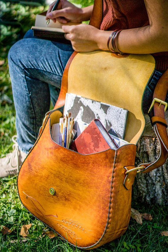 tooled leather messenger bag