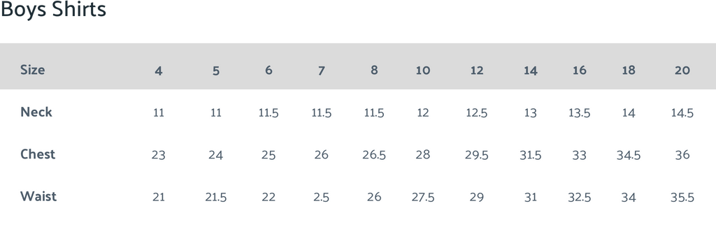 boys shirts sizing chart