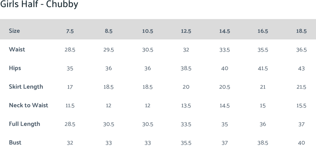 girls half chubby sizing chart