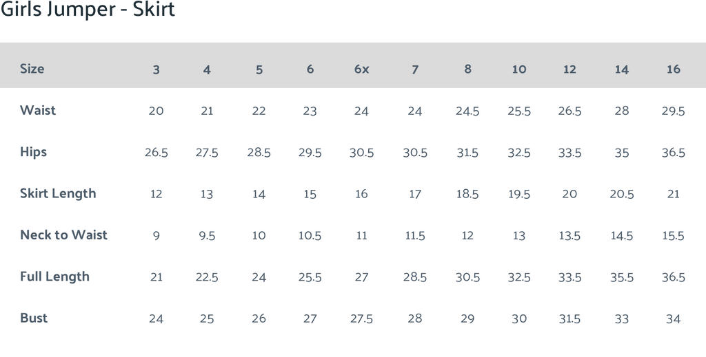 girls jumper skirt sizing chart