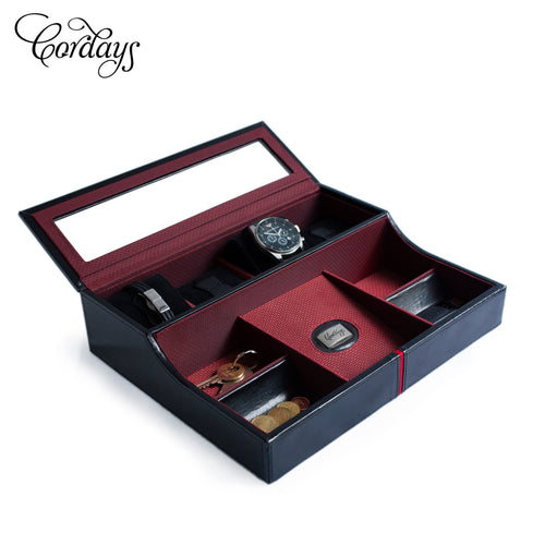Deluxe Watch Box & Desk Valet in Black Genuine Leather
