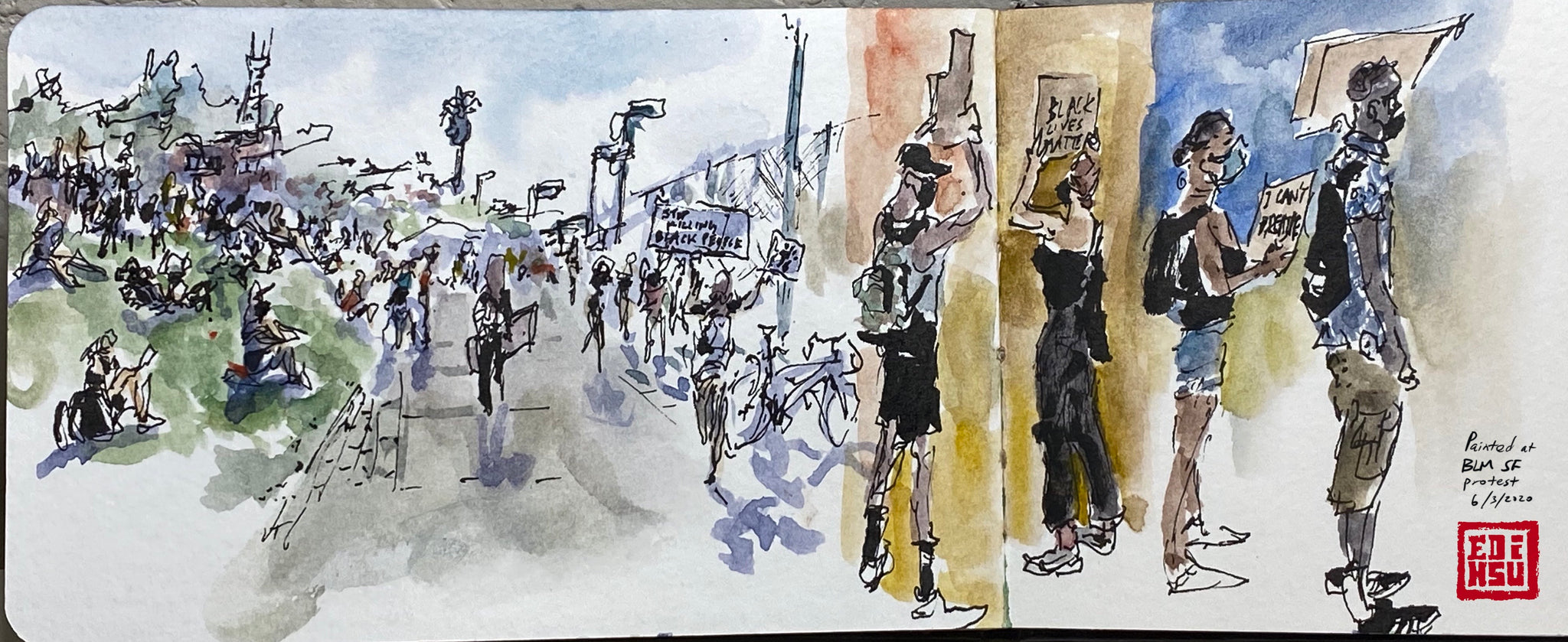 Black Lives Matter protest San Francisco Mission District watercolor