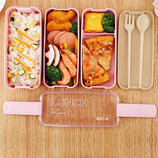 

Cutie din plastic pentru alimente, cu trei straturi, potrivit pentru microunde, cu lingură și furculiță
