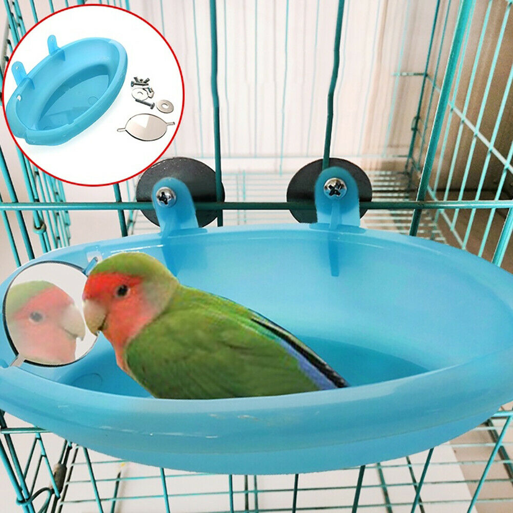 

Bazin simpatic pentru apă și baie, pentru păsări mici, papagali sau peruși, cu prindere pe colivie, culoare albastru, prevăzut cu oglindă