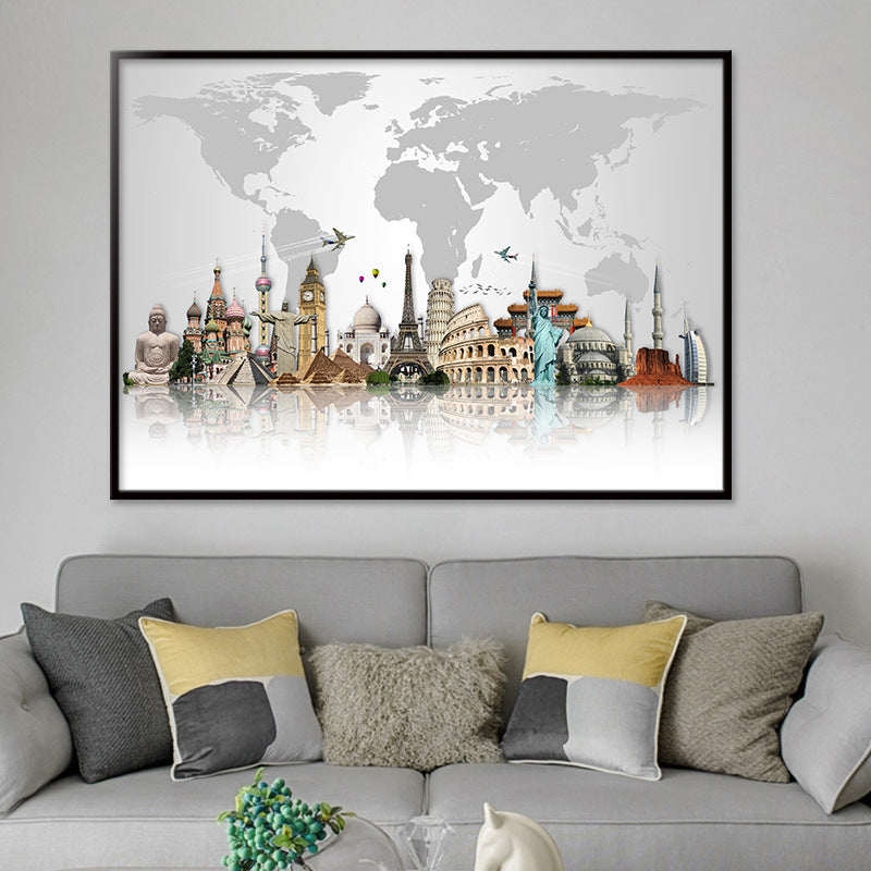 

Tablou de perete dintr-o piesă, cu clădiri și harta lumii, decorațiune pentru sufragerie
