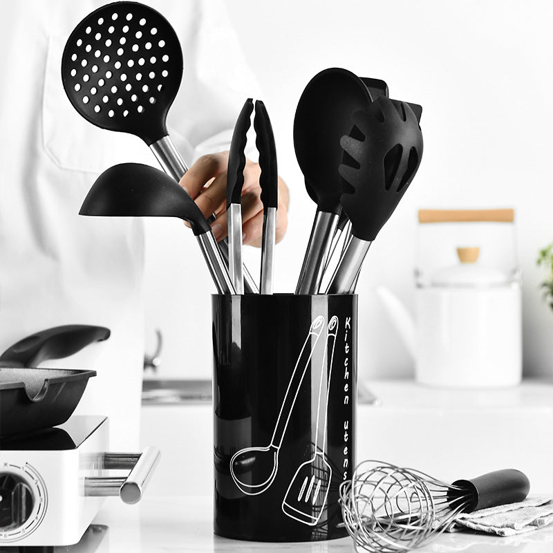 

Set de unelte de bucătărie din silicon negru, cu 9 piese