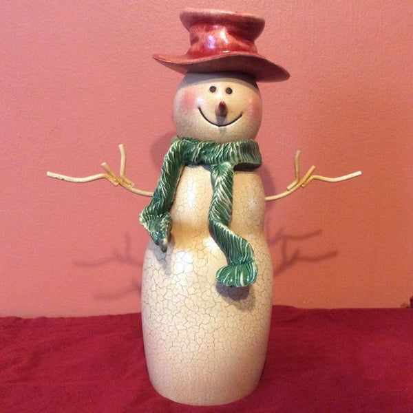 Snowman Figurine Statue ~ Brown Hat ~ Green Scarf ~ Bowling Pin Shaped