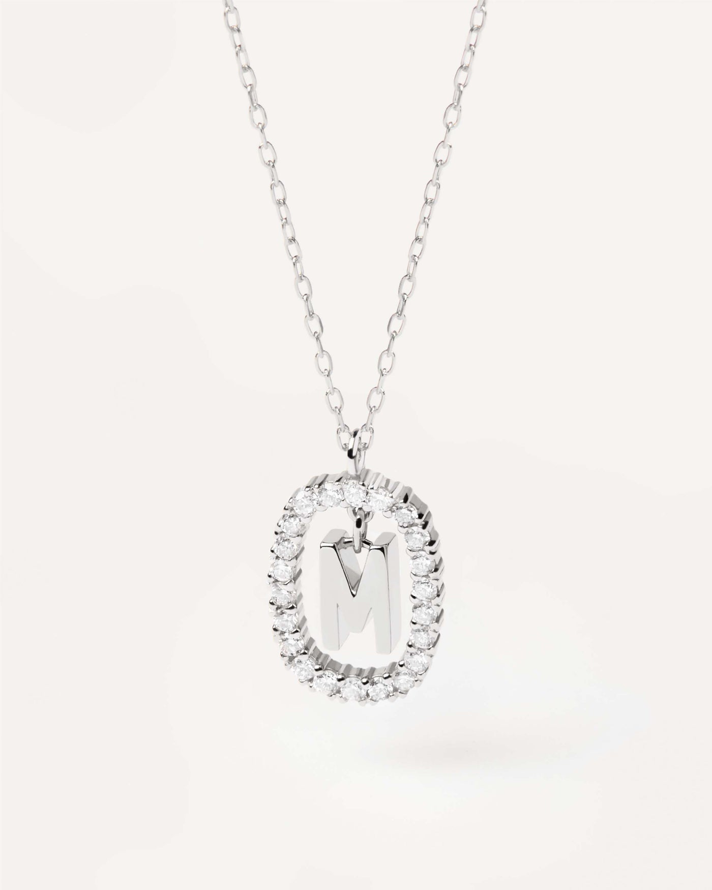 Diamonds and White Gold Letter M Necklace - 18K solid white gold