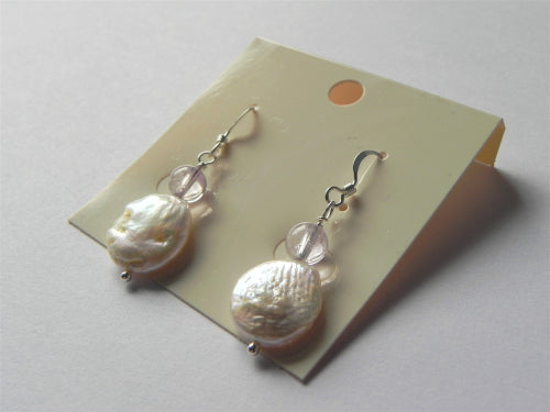 Freshwater pearl coin and amethyst sterling silver earrings