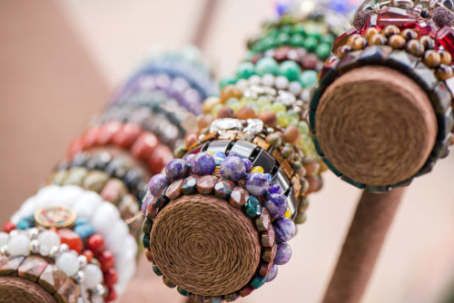 gemstones bracelets on display